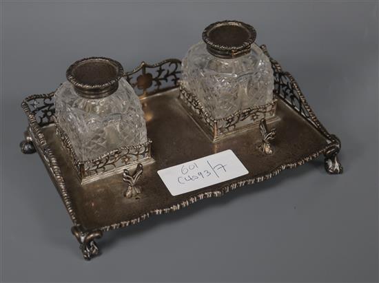 A late Victorian silver and cut glass inkstand, George Fox, London, 1886, 17cm.